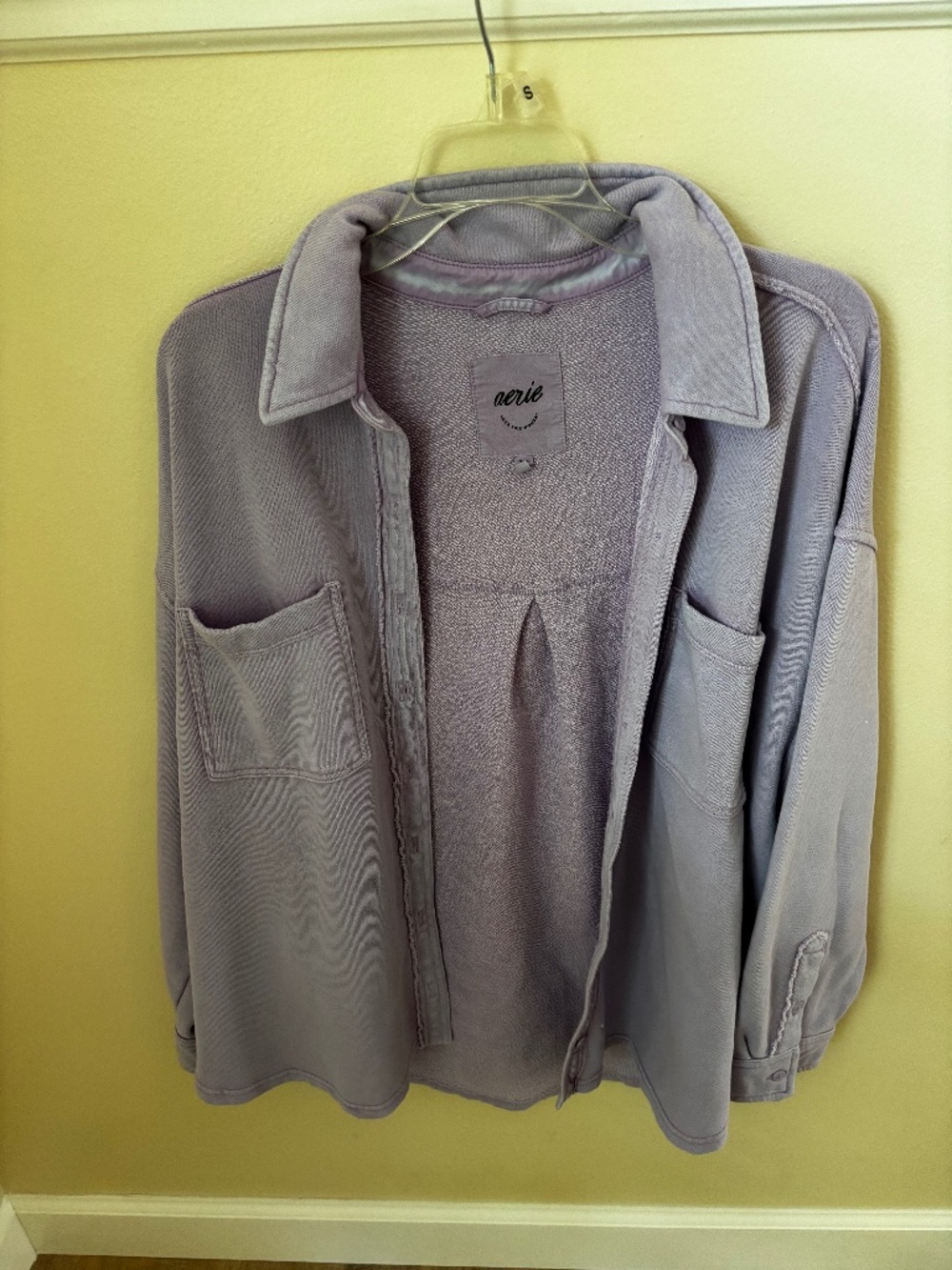 Aerie Women Purple French Terry Button Down Shacket Shirt Small Lavender Relaxed